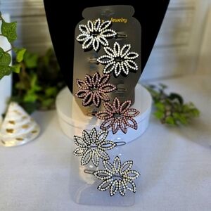 Set of Six Flower Rhinestone Hair Barrettes